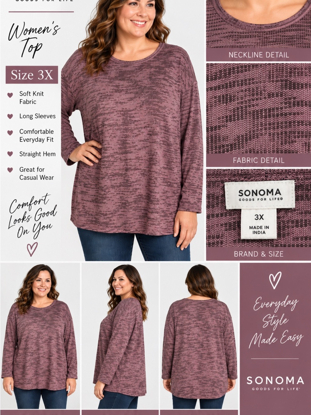 Sonoma Purple Heathered Relaxed Long Sleeve Top